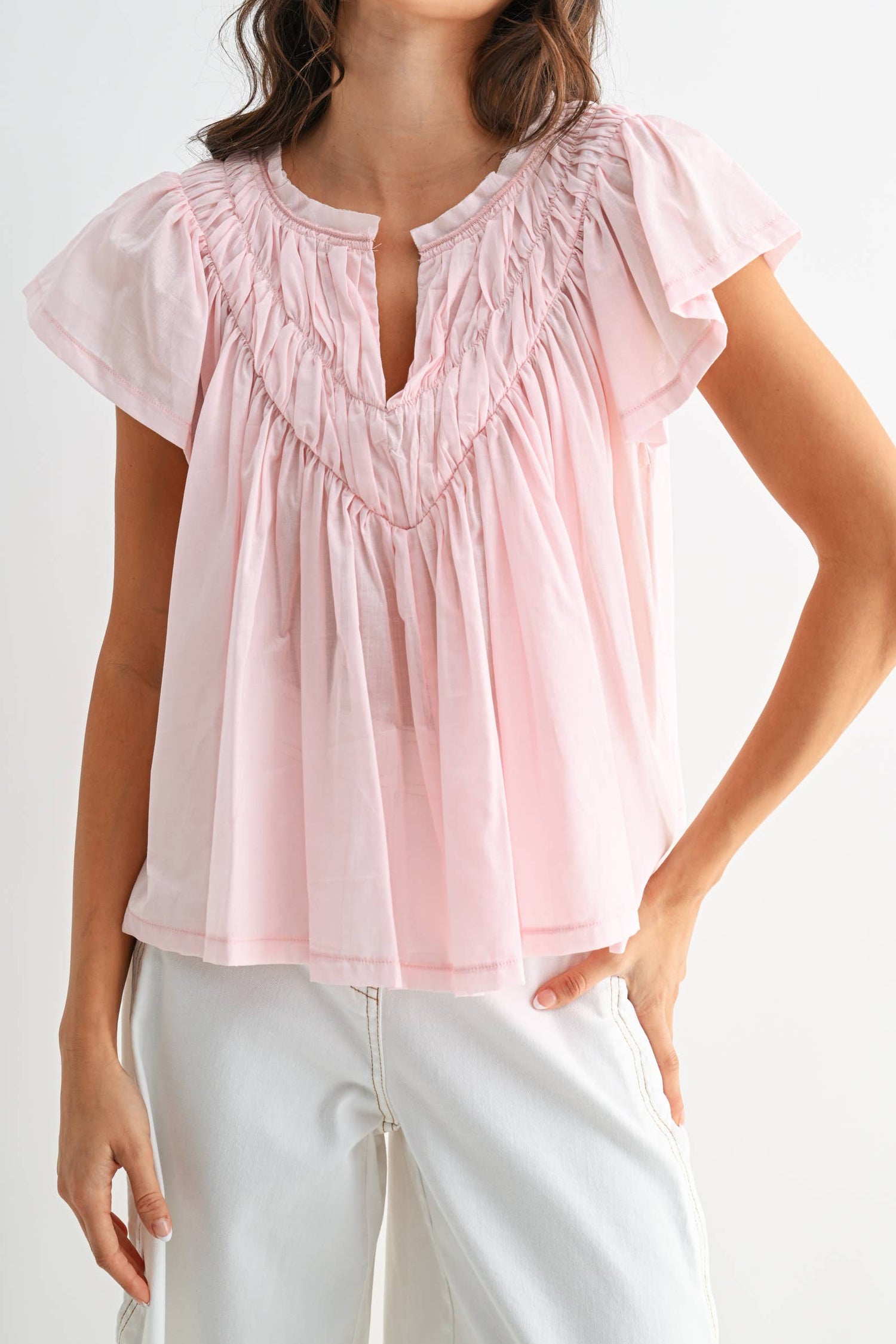 Flora Flutter Sleeve Gathered Neck Top