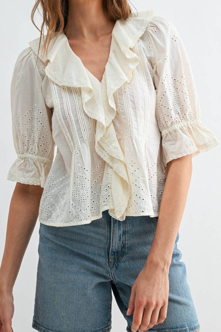 Raelynn Eyelet Ruffle Pintuck Puff Sleeve