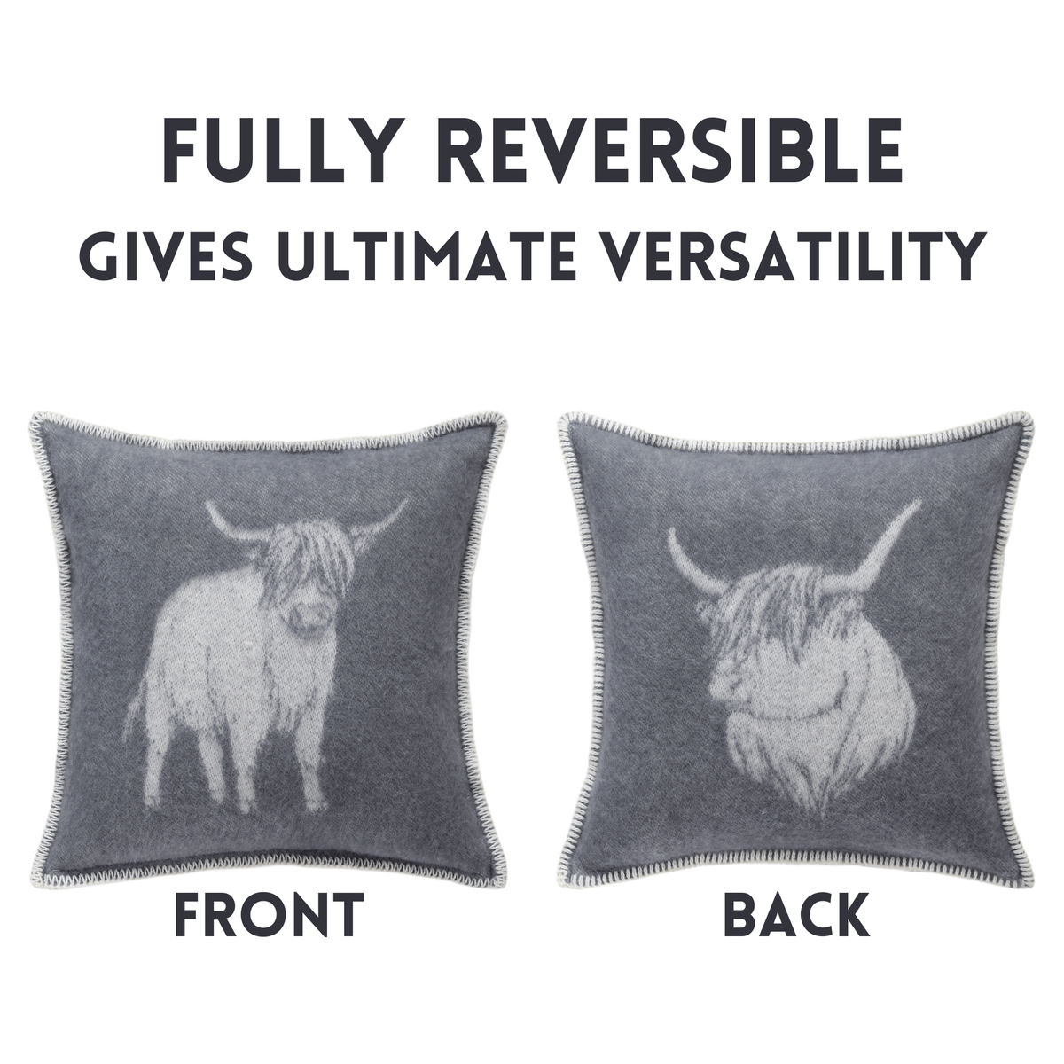 JJ Textile Dark Grey Highland Cow Pure Wool Cushion Cover
