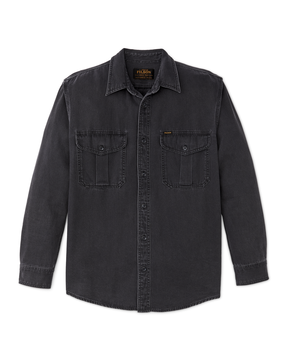 Filson Denim Guide Shirt Black buttoned expandable chest pockets on a guide shirt build cowboy western fashion