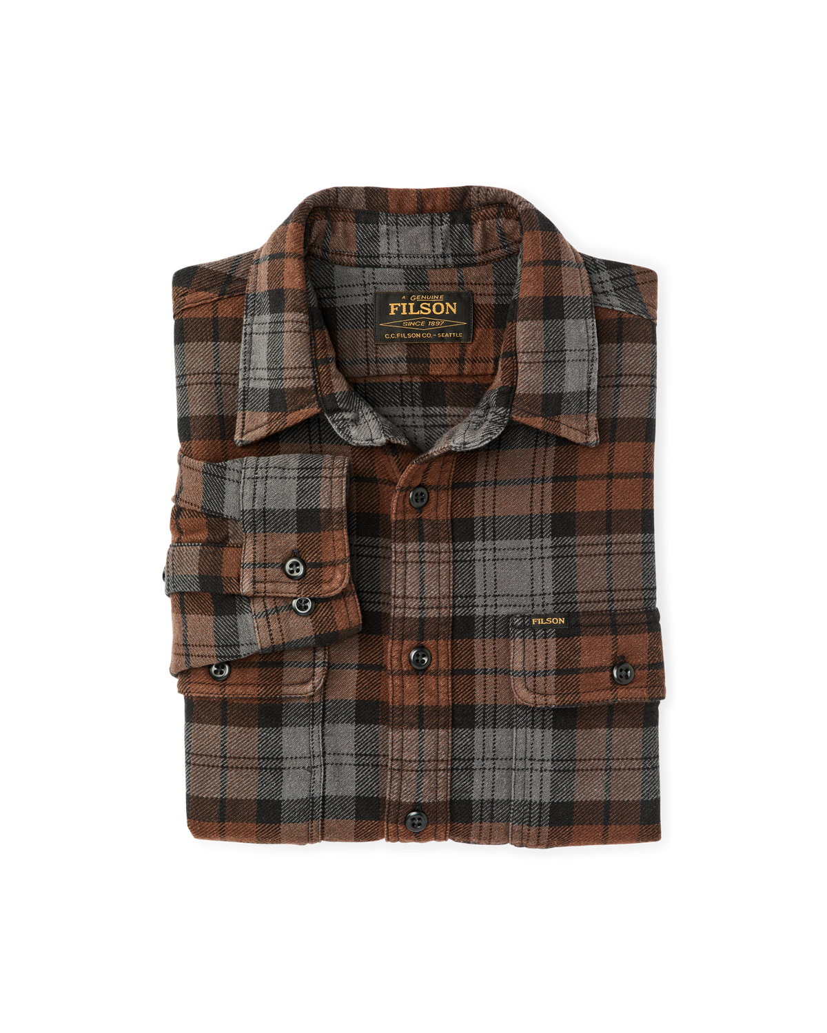 Filson Vintage Flannel Work Shirt Brown Charcoal Plaid soft brushed twill interior built for cold weather warmth Park City ranch wear