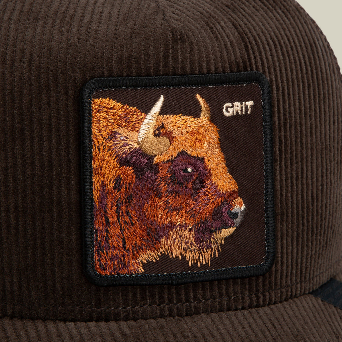 Goorin Bros Corduroy Grit embroidered patch framed clean on the crown with tonal stitching western fashion