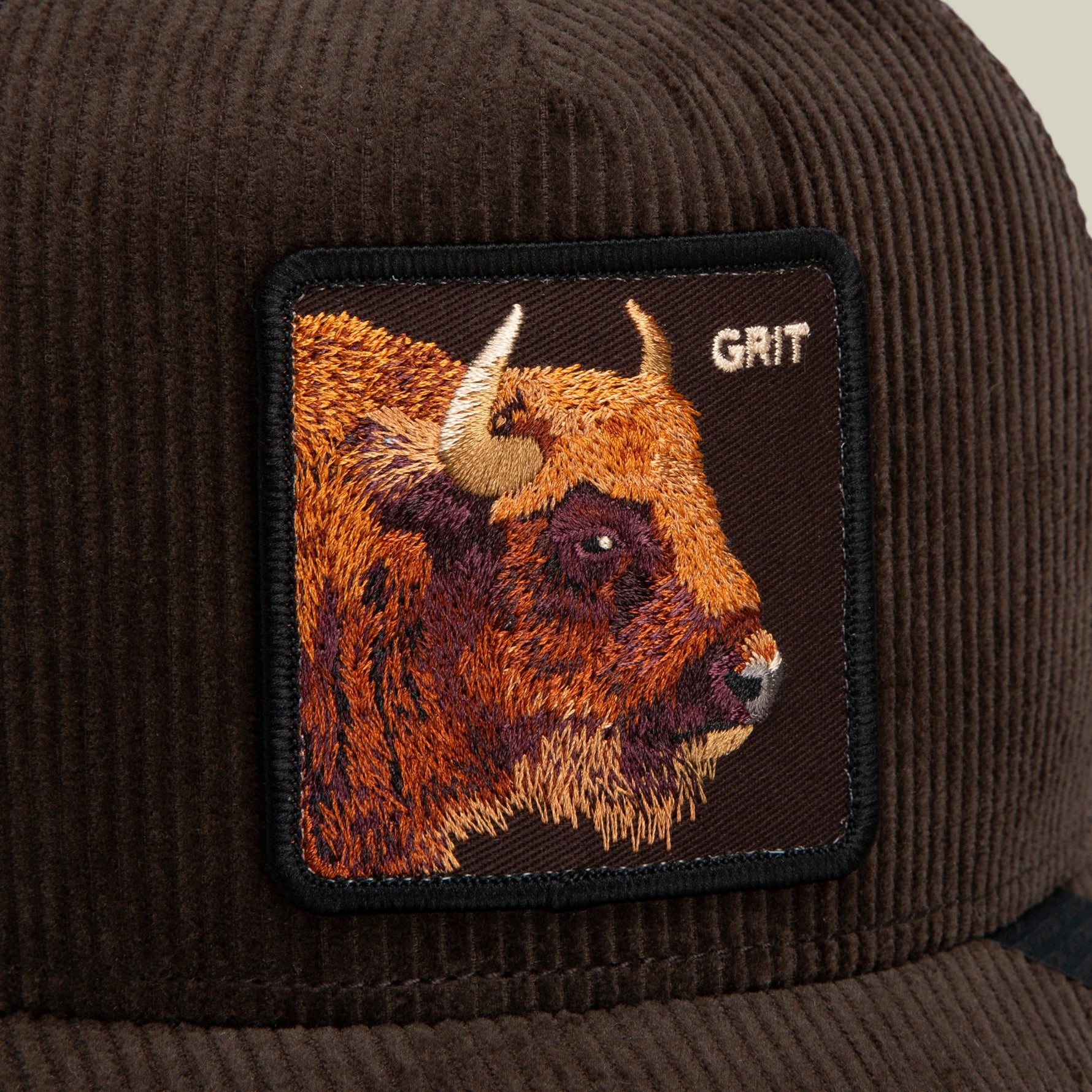 Goorin Bros Corduroy Grit embroidered patch framed clean on the crown with tonal stitching western fashion
