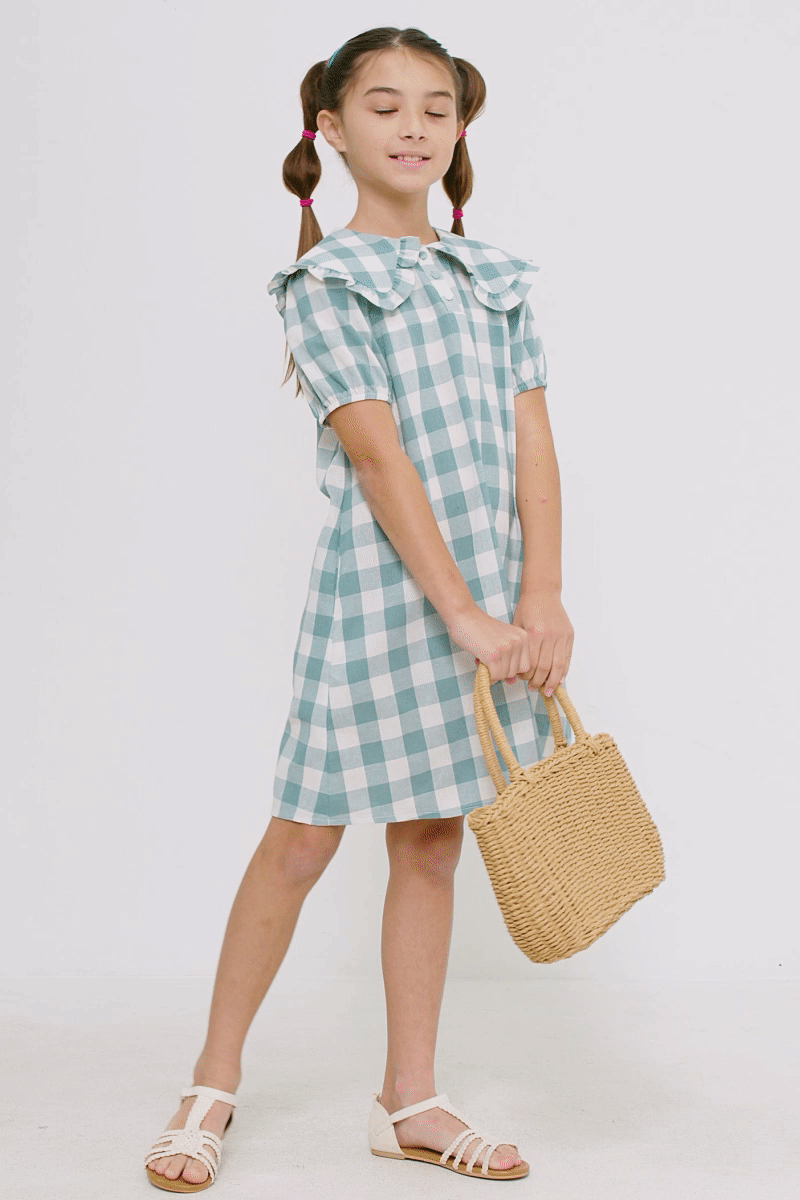 Girls Bib Collar Checkered Dress