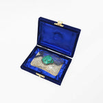 American Darling Hand Engraved German Silver Western Belt Buckle with Turquoise Stones ADBKA107 displayed in an open blue velvet case cowboy