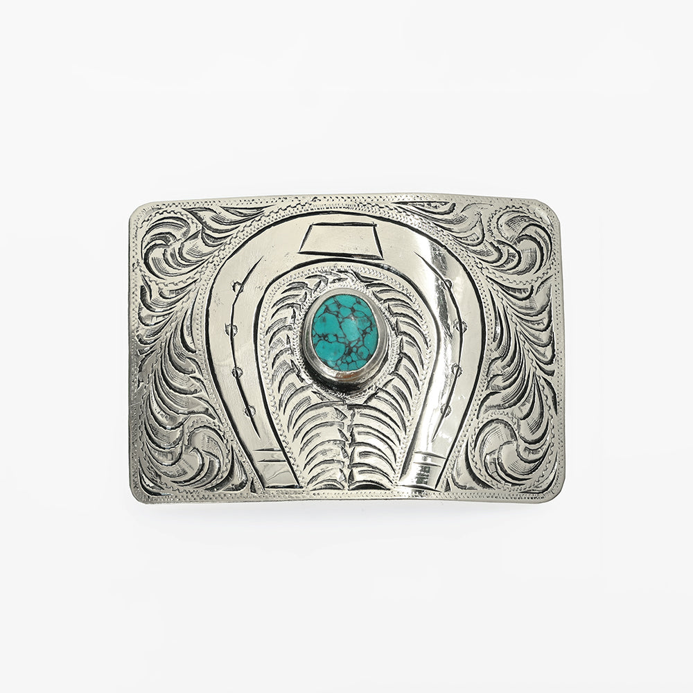 American Darling Hand Engraved German Silver Horseshoe Western Belt Buckle with Turquoise Stones antique silver horseshoe engraved belt buckle with turquoise stone western clothing Utah SKU ADBKV108