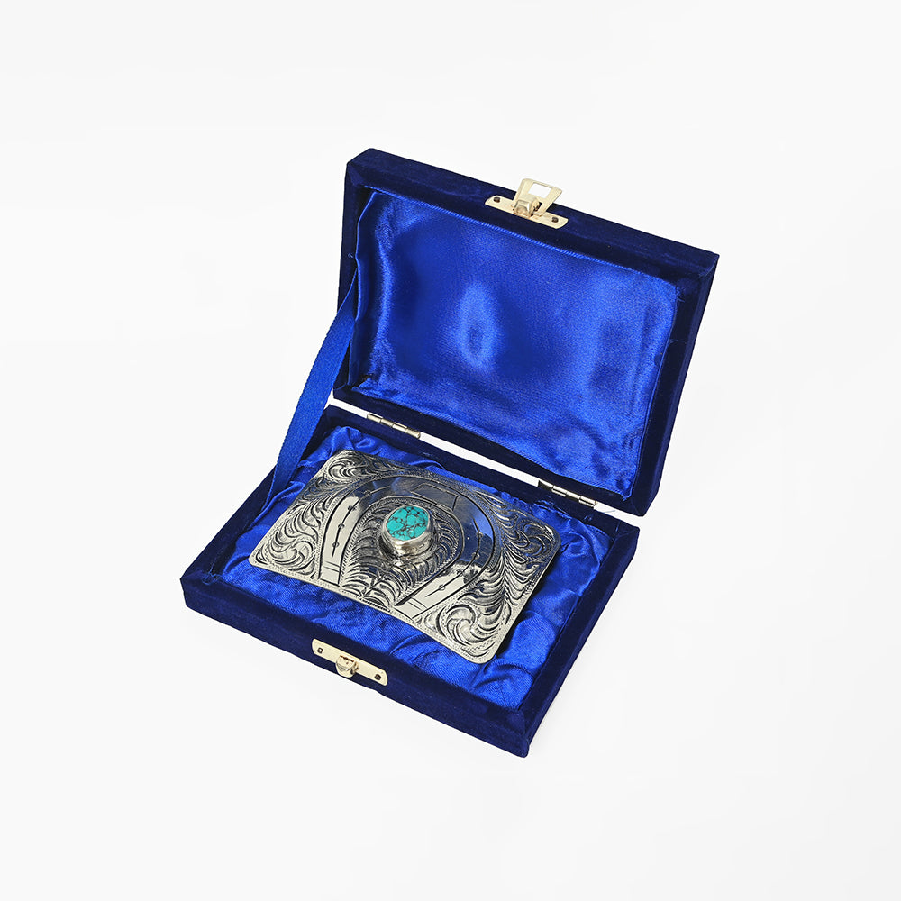 American Darling Hand Engraved German Silver Horseshoe Western Belt Buckle with Turquoise Stones German silver buckle resting in an open blue gift box cowboy