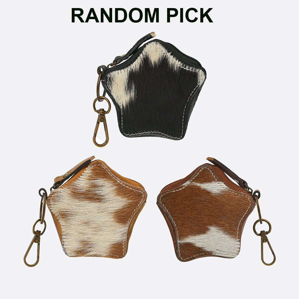 American Darling Genuine Hair On Star Shaped Coin Purse Keychain assortment of black tan and brown spotted cowhide star coin purses womens western boutique Utah SKU ADCHA128