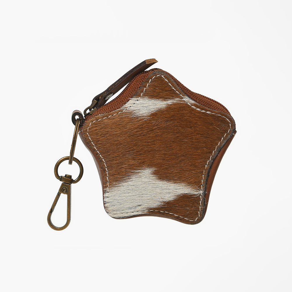 American Darling Genuine Hair On Star Shaped Coin Purse Keychain brown and white spotted star with antique brass snap clip rodeo
