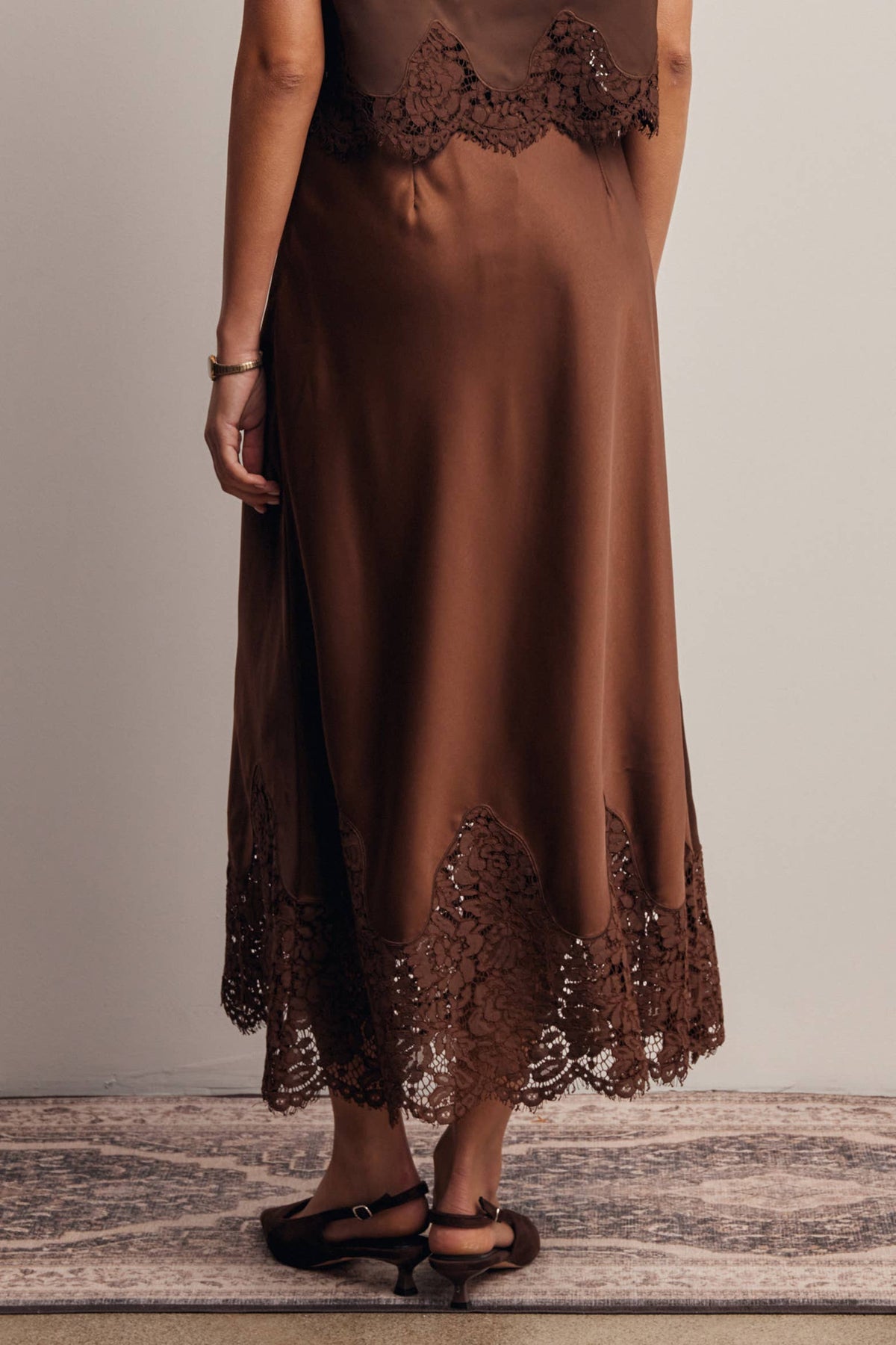 Listicle Stretch Satin Lace Trim Maxi Skirt Mocha elegant ankle grazing length for cocktail events
