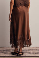 Listicle Stretch Satin Lace Trim Maxi Skirt Mocha elegant ankle grazing length for cocktail events