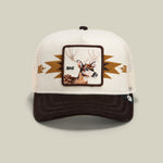 Goorin Bros Canyon Bae cream and chocolate brown trucker cap with an antler patch reading BAE western clothing Utah SKU 1013133CHA01OS