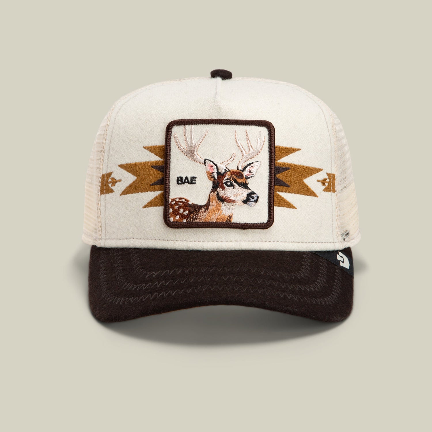 Goorin Bros Canyon Bae cream and chocolate brown trucker cap with an antler patch reading BAE western clothing Utah SKU 1013133CHA01OS