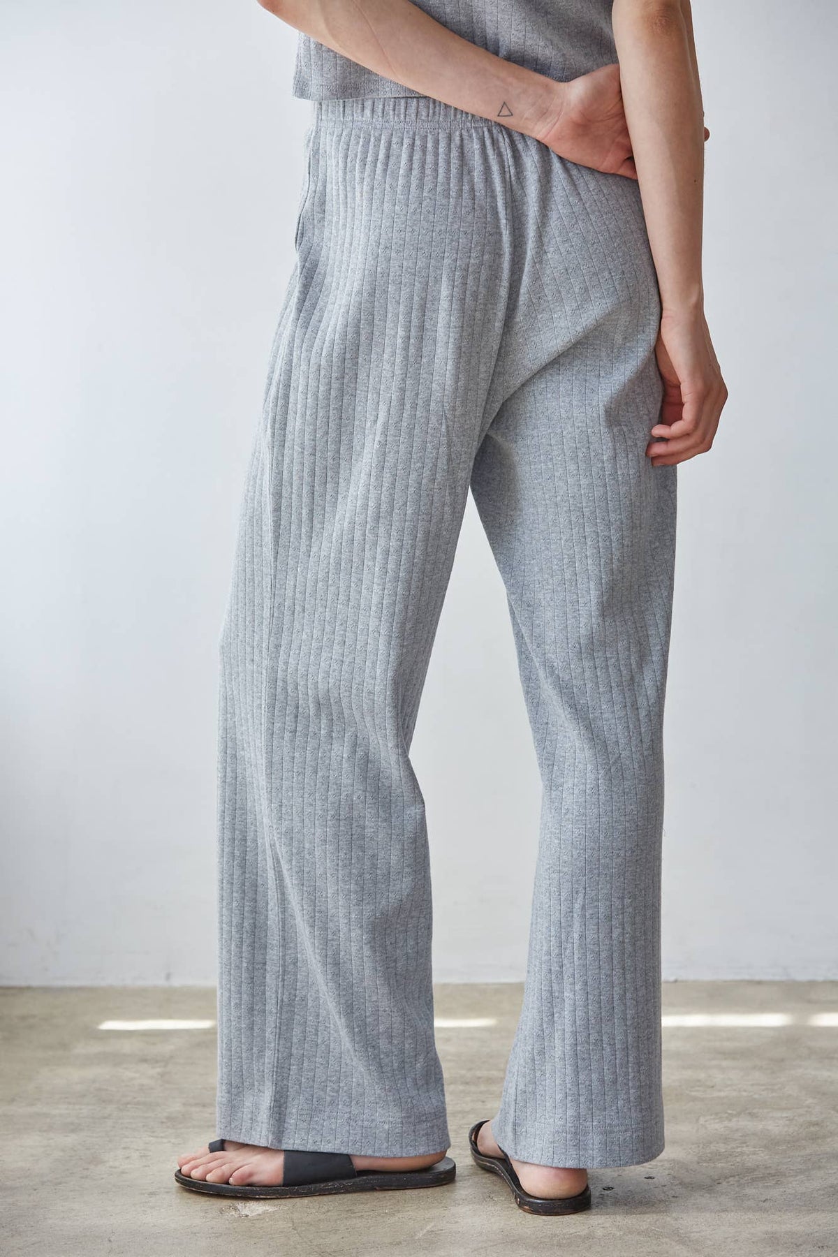 By Together Knit Cotton Pointelle Wide Leg Pants soft 100 percent cotton pointelle texture in a neutral heather grey western fashion