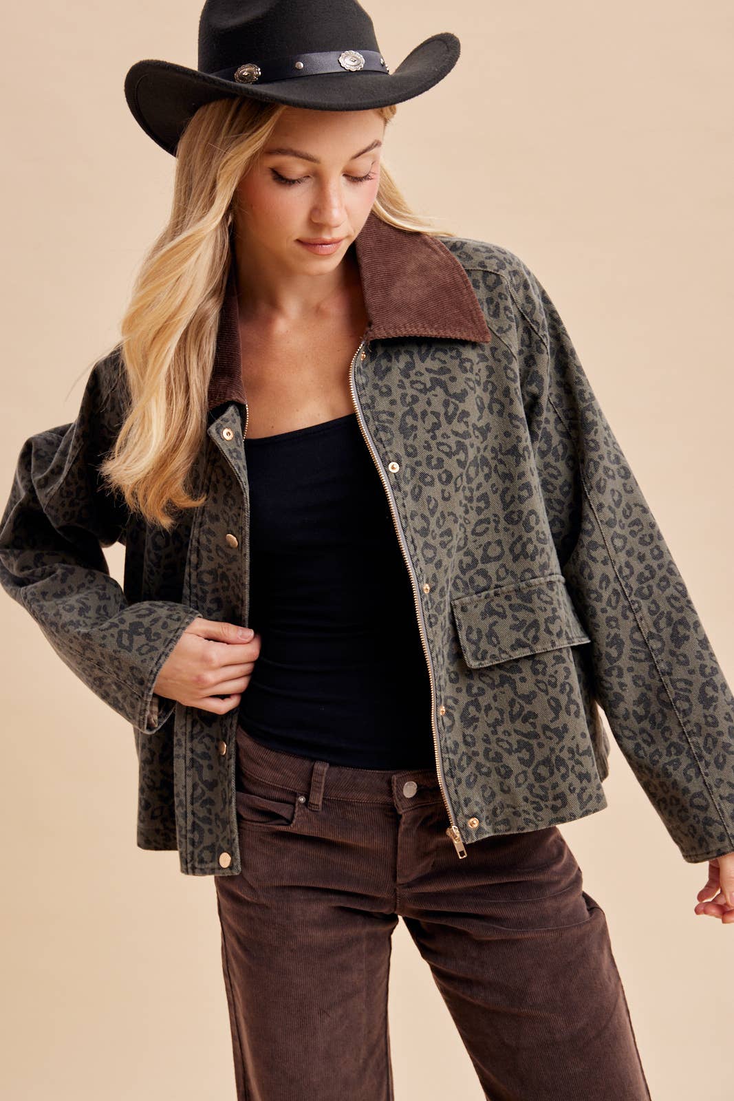 In Loom Leopard Chore Jacket ashy olive leopard print womens chore jacket with brown corduroy collar womens western boutique Utah SKU ILJ7035