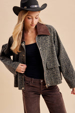 In Loom Leopard Chore Jacket ashy olive leopard print womens chore jacket with brown corduroy collar womens western boutique Utah SKU ILJ7035