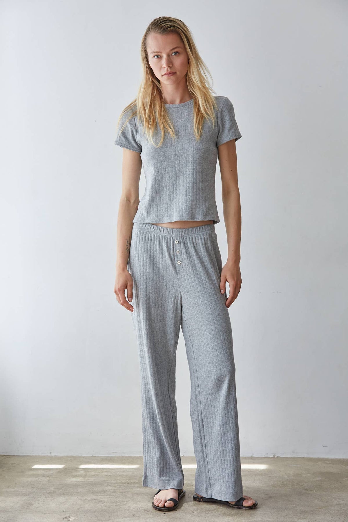 By Together Knit Cotton Pointelle Wide Leg Pants wide leg silhouette with front buttons and no lining for relaxed everyday wear