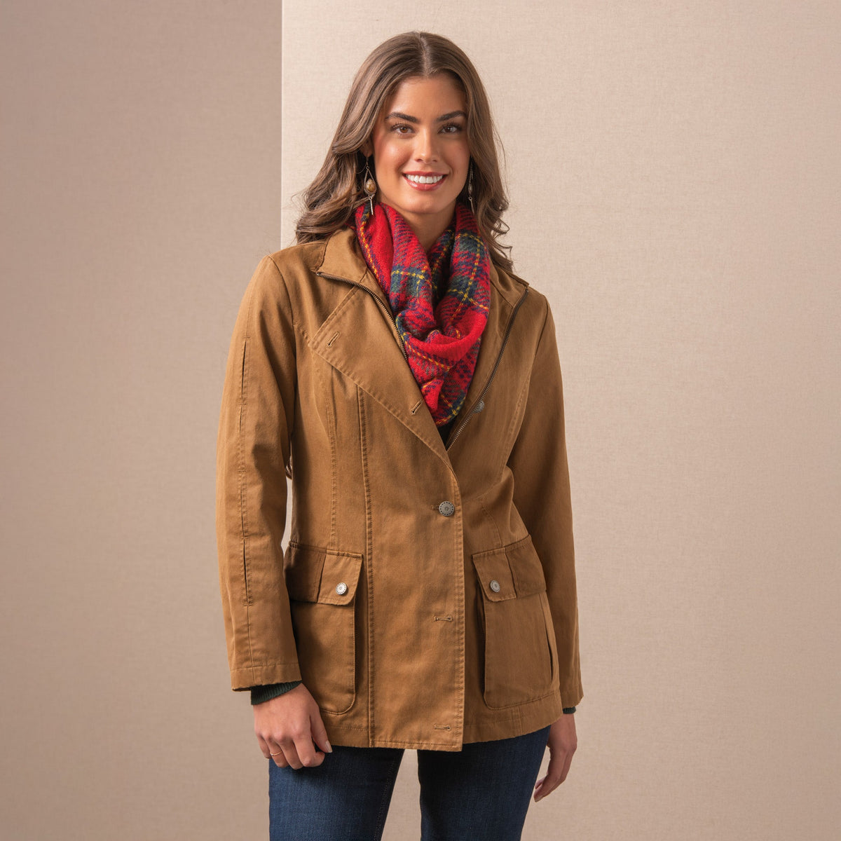 Madison Creek Outfitters Albany Field Jacket layered with a red scarf for fall ranch wear and womens western fashion