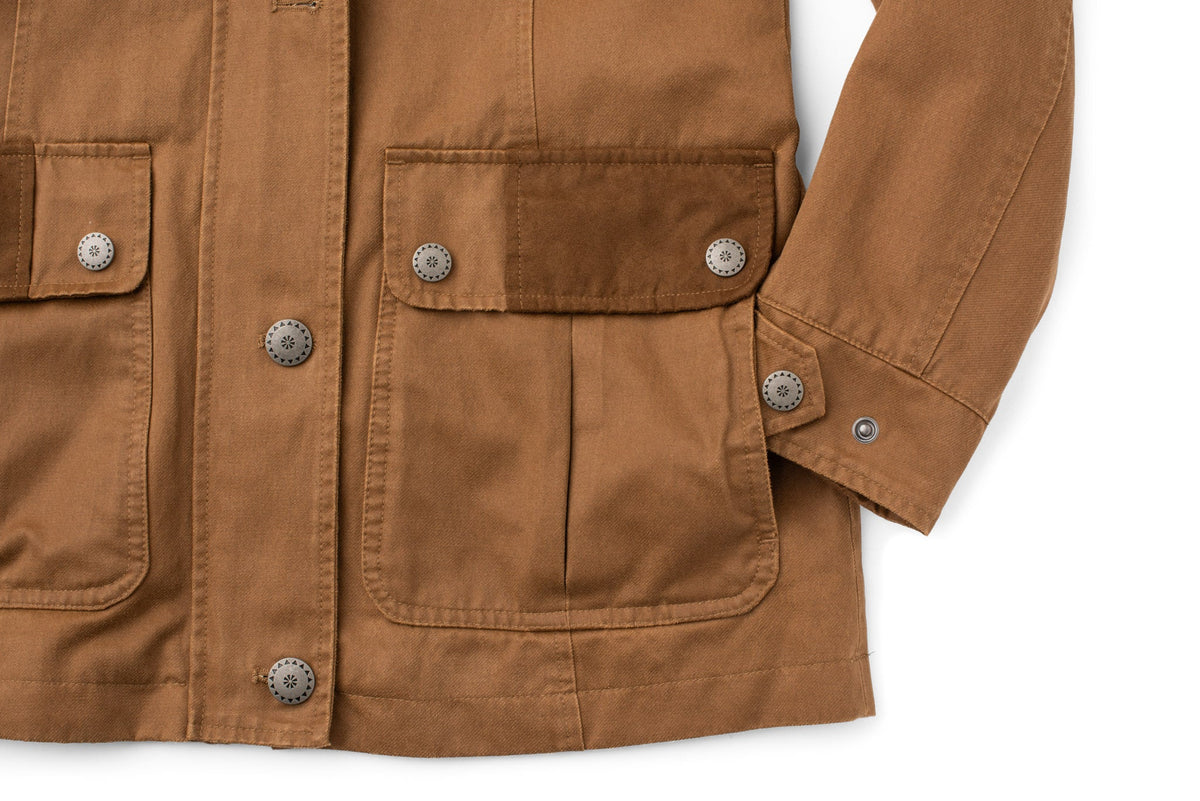 Madison Creek Outfitters Albany Field Jacket flap patch pockets with contrast microsuede trim for rodeo season layering