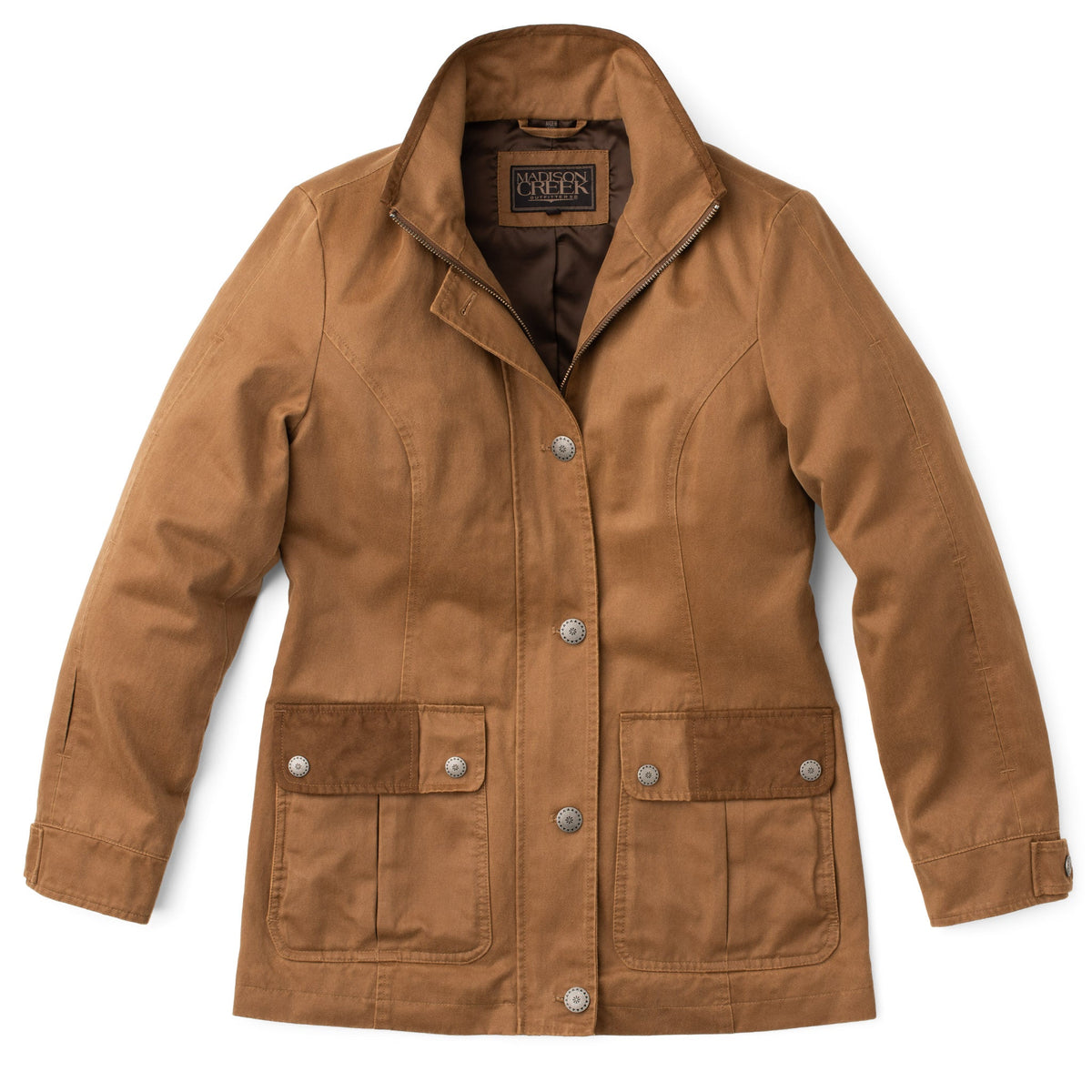 Madison Creek Outfitters Albany Field Jacket stand collar and button front closure in garment washed twill womens western boutique