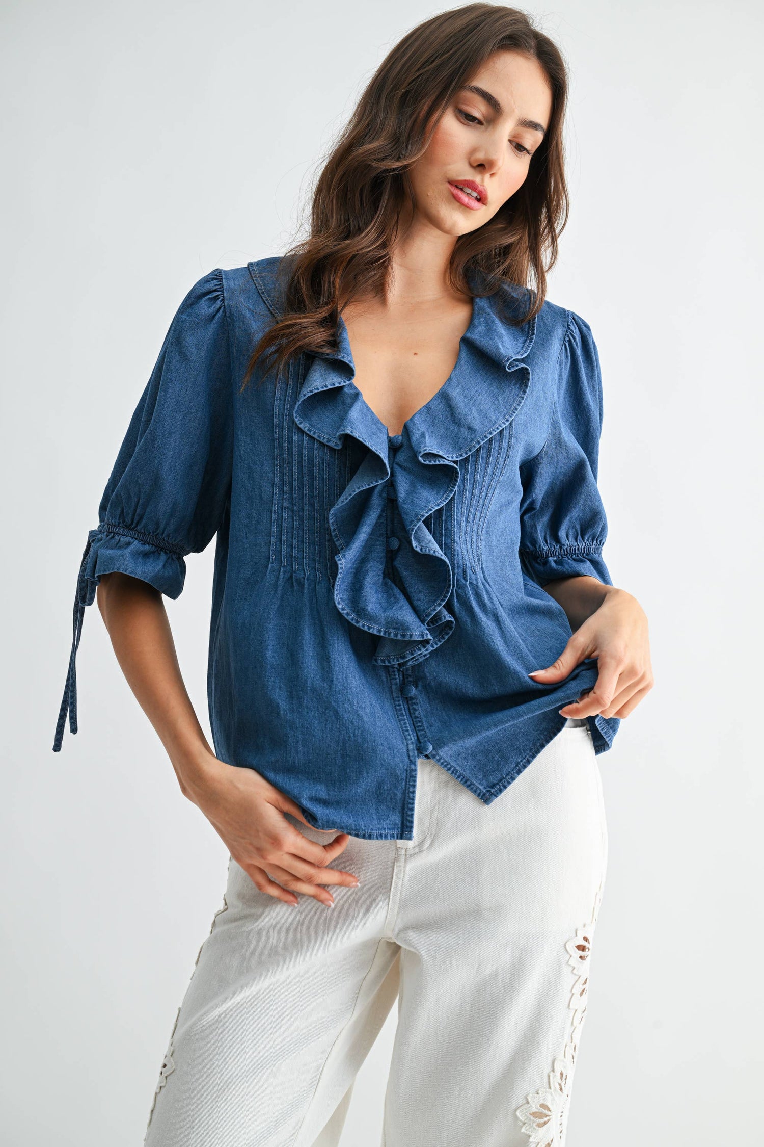 Cally Denim Pleated Ruffle Blouse