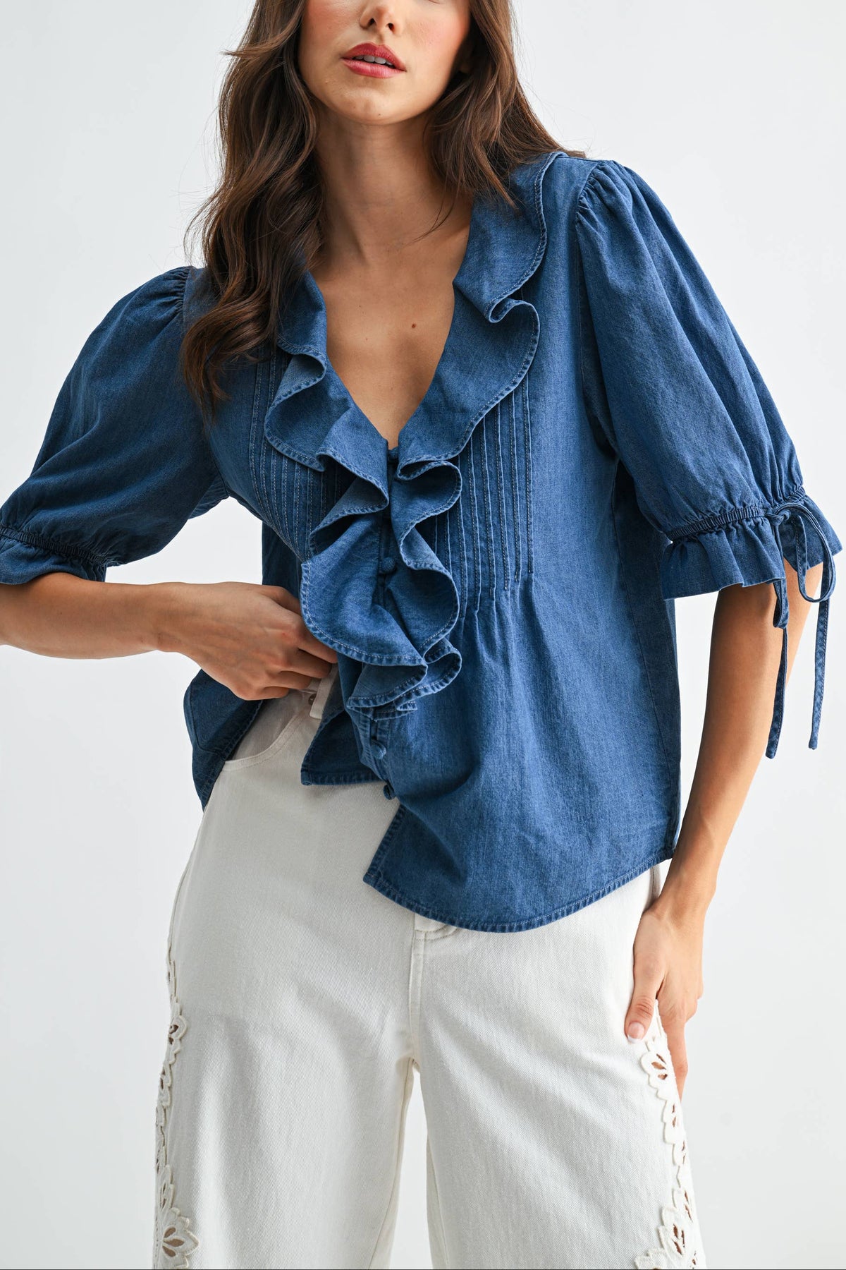 Cally Denim Pleated Ruffle Blouse womens denim top cute popular Boltranchstore.com western clothing fashion free shipping