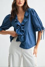 Cally Denim Pleated Ruffle Blouse womens denim top cute popular Boltranchstore.com western clothing fashion free shipping
