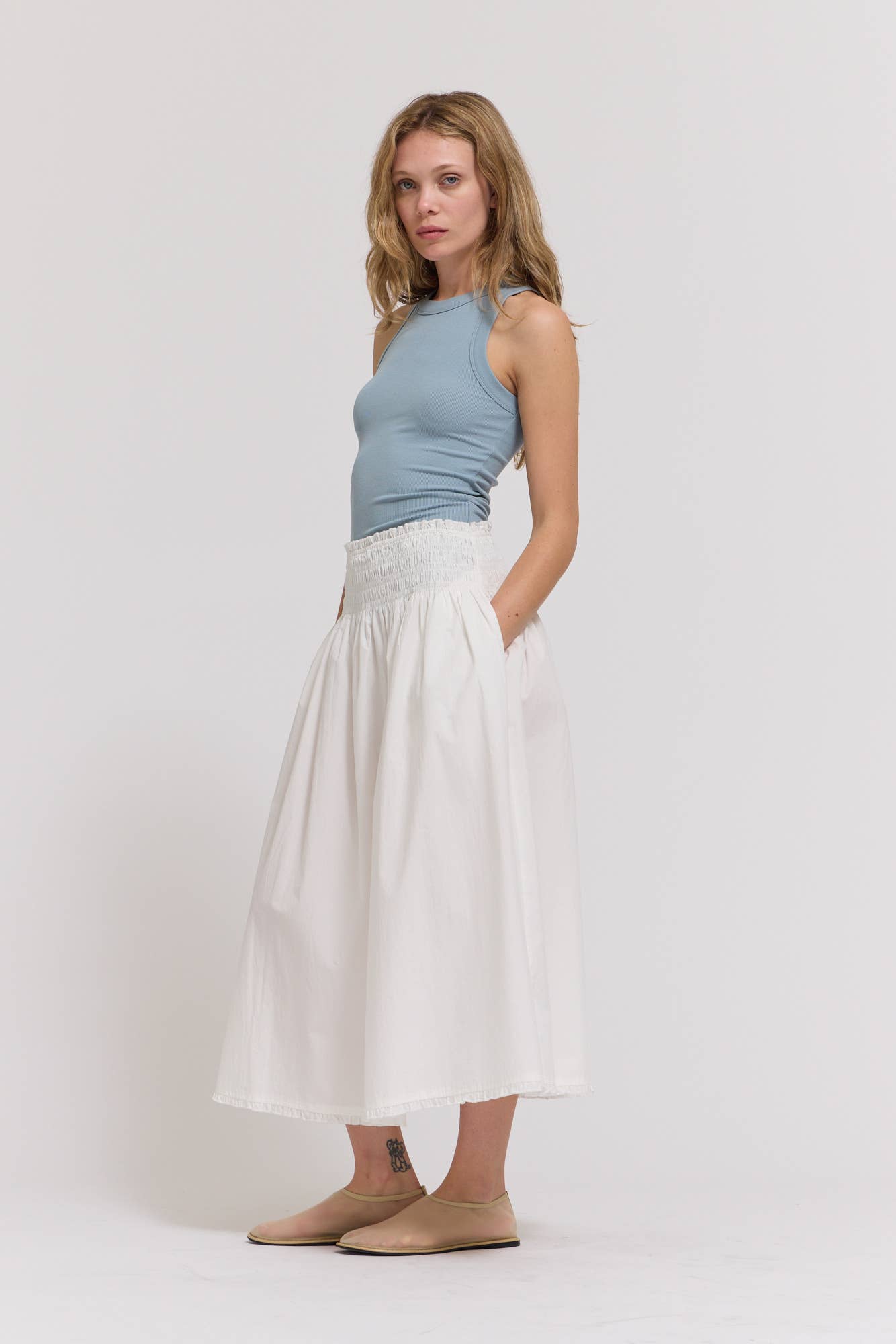 Adri Eyelet Trim Smocked Waist Skirt