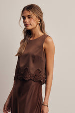 Listicle Satin Lace Hem Sleeveless Top Mocha vintage inspired boho blouse for holiday parties