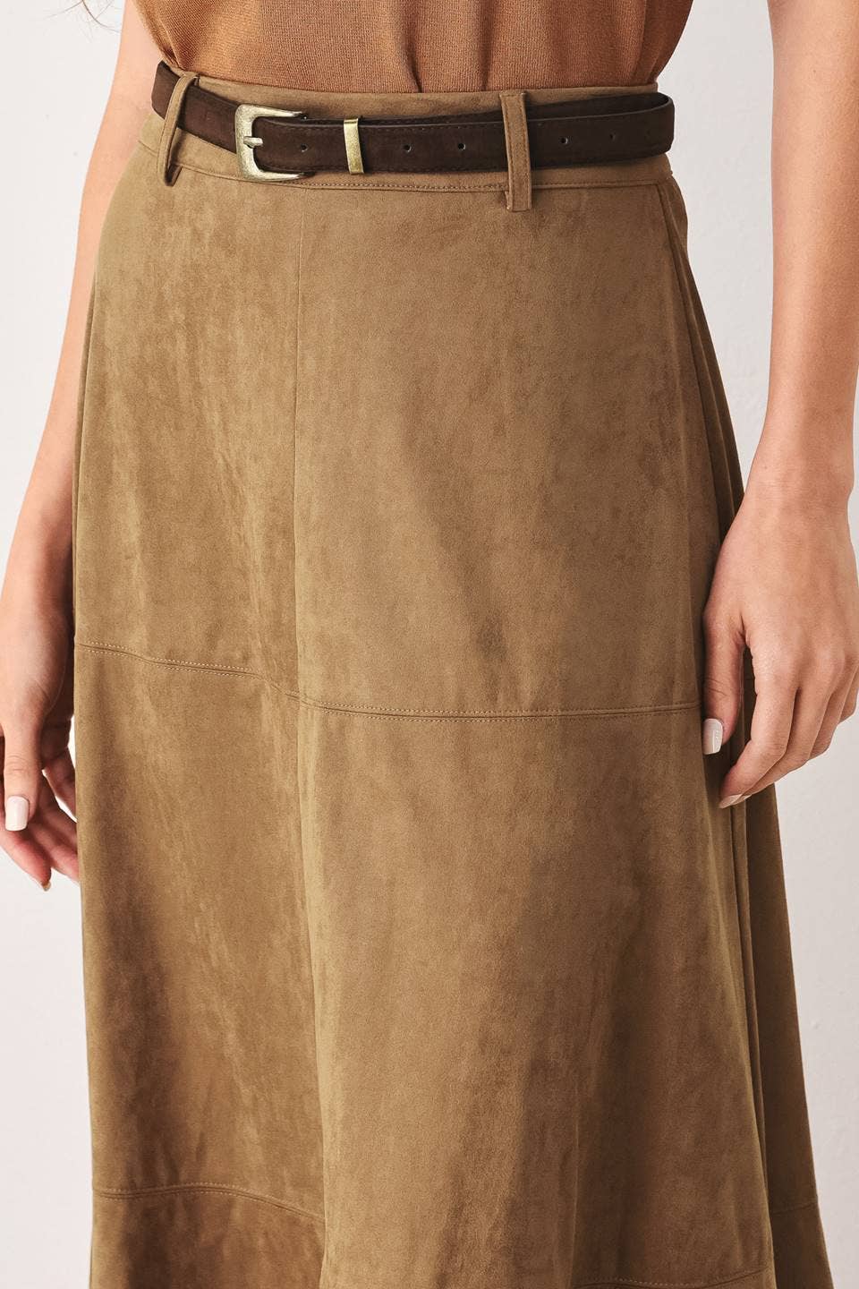 Flying Tomato Faux Suede Midi Circle Skirt contrasting belt at the waist western fashion
