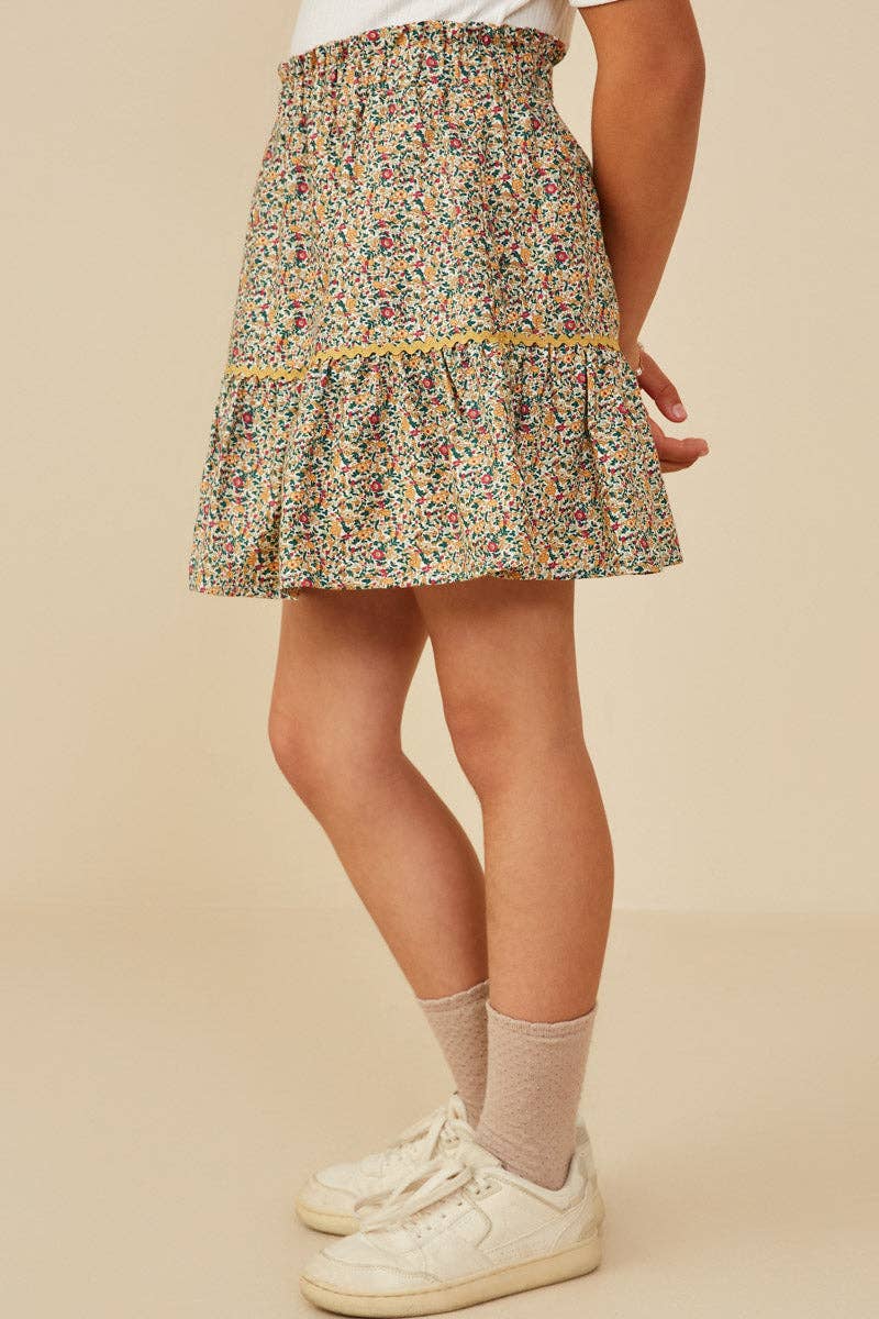 Girls Wavy Twill Trimmed Printed Skirt