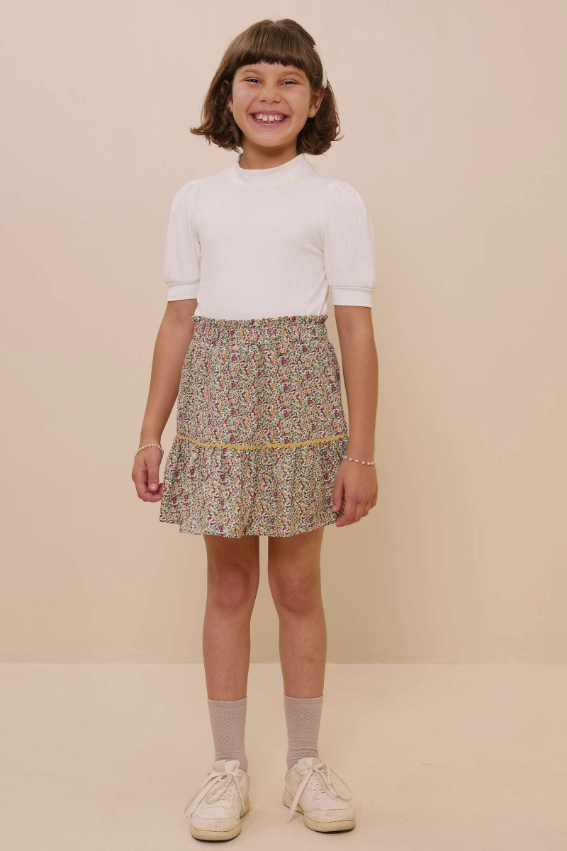 Girls Wavy Twill Trimmed Printed Skirt