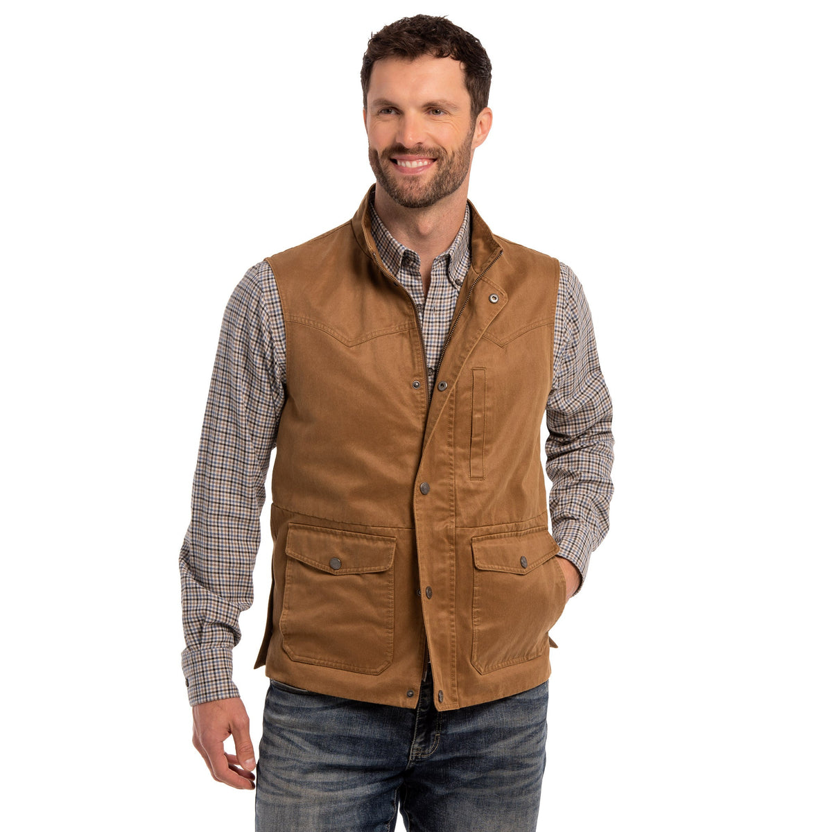 Madison Creek Outfitters Bandera Travel Twill Vest Tan classic western vest silhouette with front and back yokes ranch wear