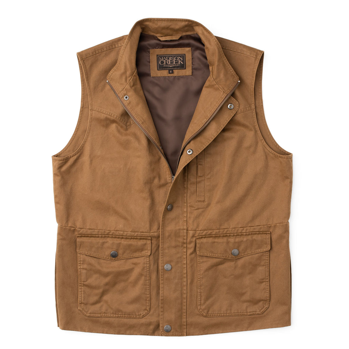 Madison Creek Outfitters Bandera Travel Twill Vest Tan zip front with snap storm flap and MC branded pewter snaps western fashion