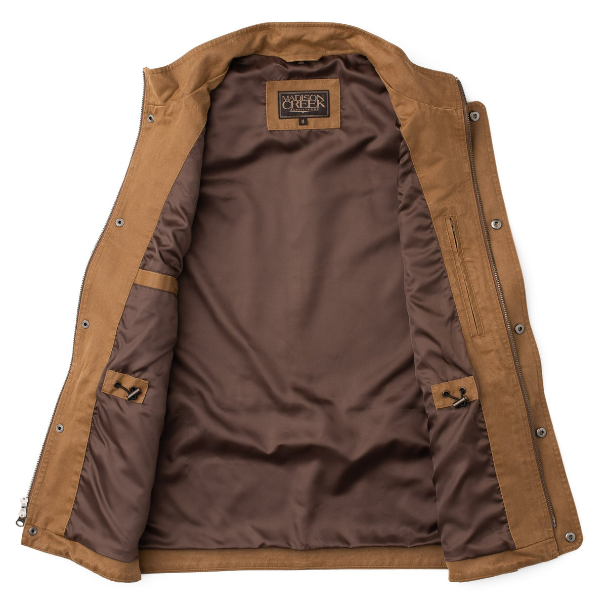 Madison Creek Outfitters Bandera Travel Twill Vest Tan two interior pockets and a waist drawcord for an adjustable fit