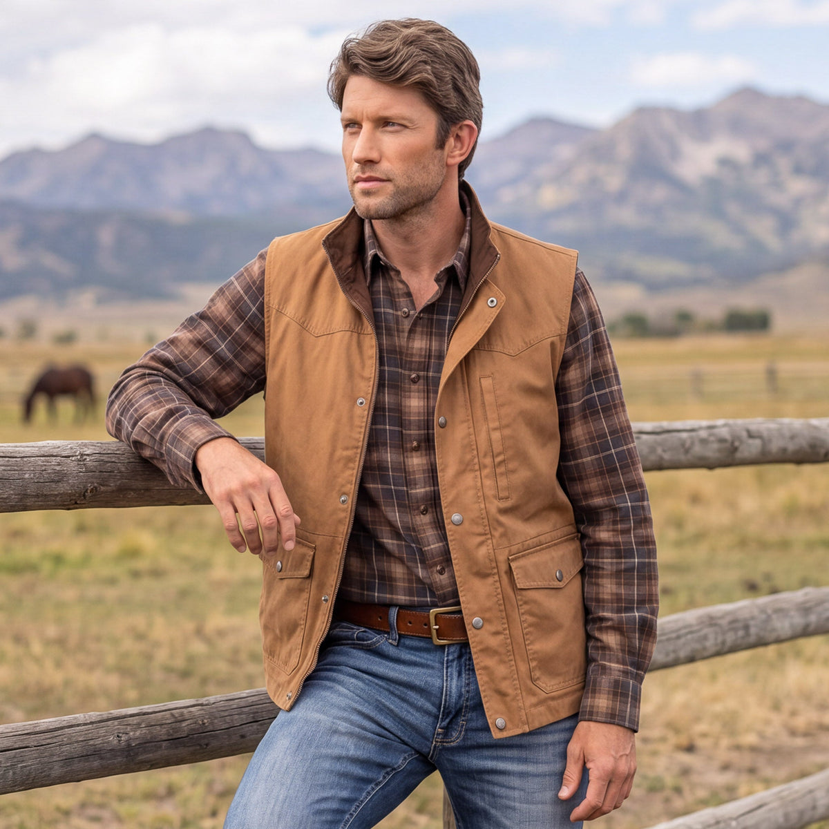 Madison Creek Outfitters Bandera Travel Twill Vest Tan tan cotton rich travel twill vest western clothing Utah SKU 780VT