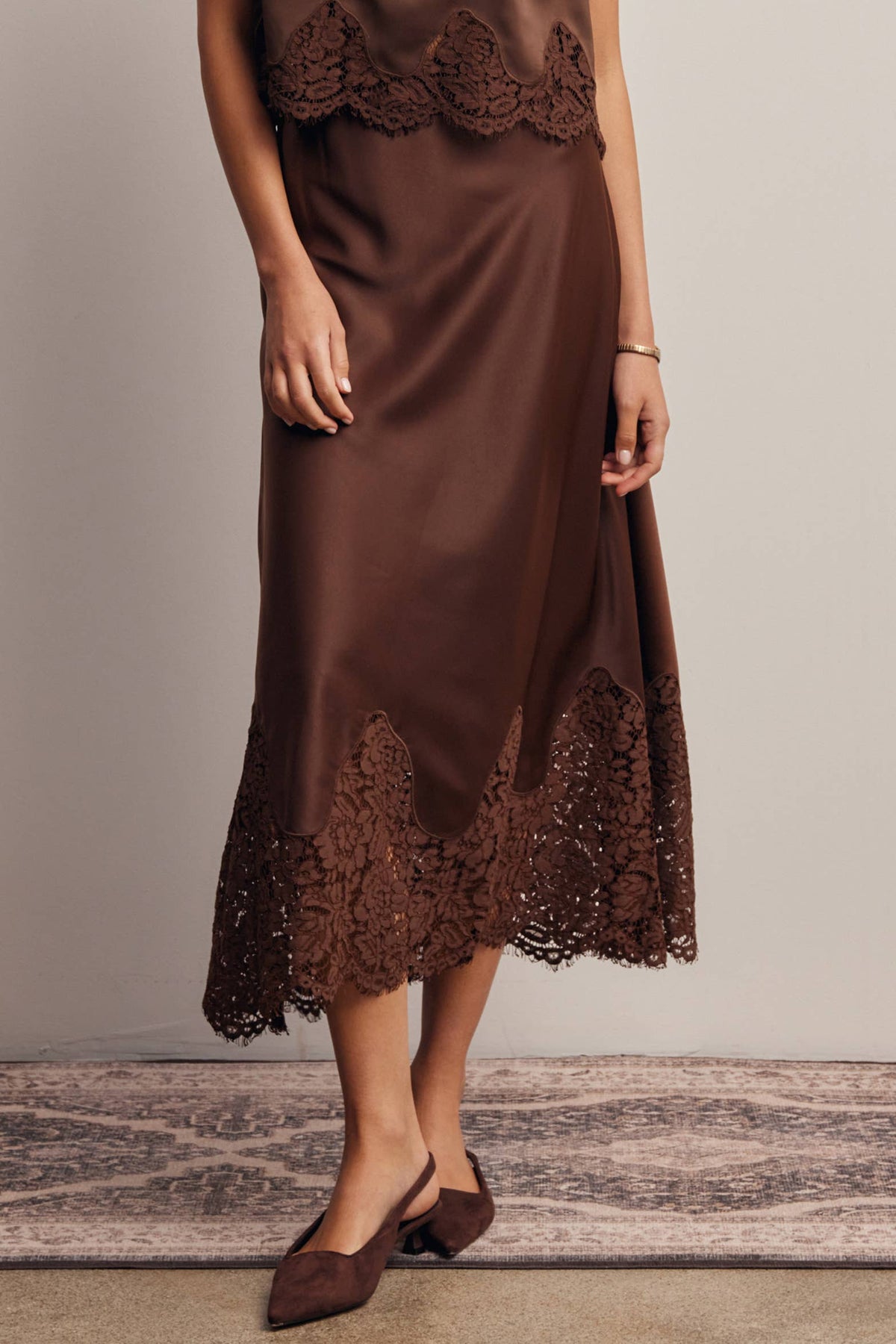 Listicle Stretch Satin Lace Trim Maxi Skirt Mocha high rise waist with a smooth lustrous satin finish Park City