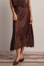 Listicle Stretch Satin Lace Trim Maxi Skirt Mocha high rise waist with a smooth lustrous satin finish Park City
