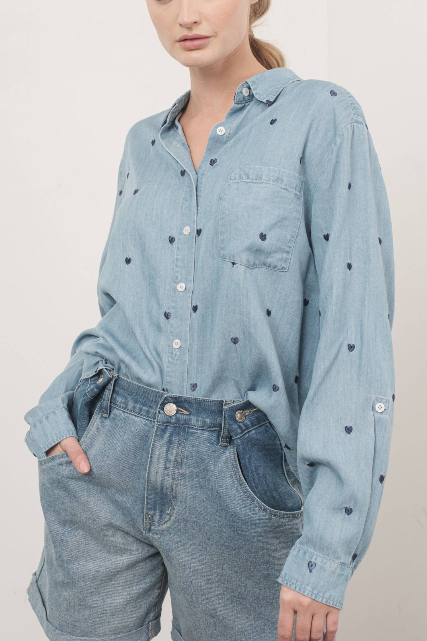 Heart Embroidered Denim Shirt