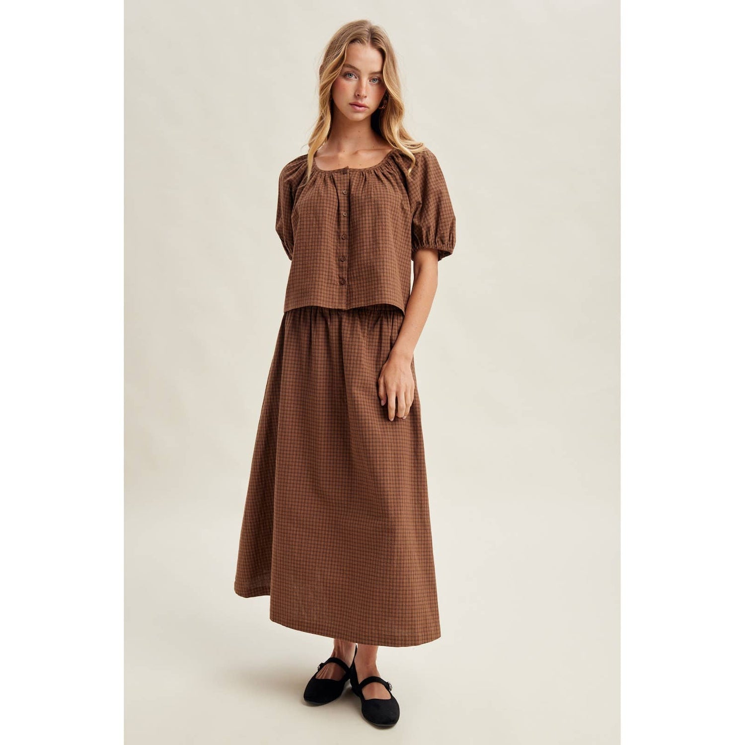 Ryan Plaid Puff Sleeve Top and Skirt Set