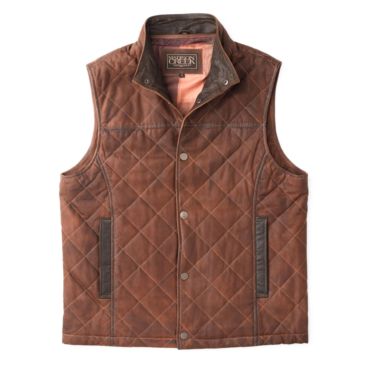 Madison Creek Outfitters Beaver Creek Waxed Goat Suede Leather Vest Bourbon removable bib and collar taken off for a clean open neckline Kamas