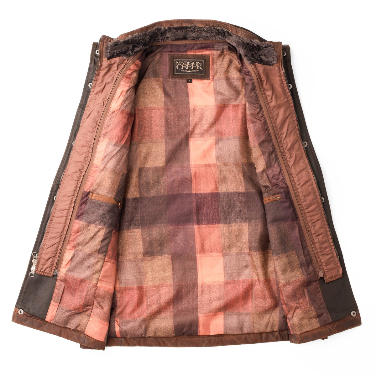 Madison Creek Outfitters Beaver Creek Waxed Goat Suede Leather Vest Bourbon fully lined interior with inside pocket for cool mornings at the ranch