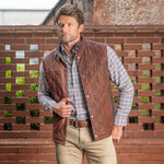 Madison Creek Outfitters Beaver Creek Waxed Goat Suede Leather Vest Bourbon golden brown waxed goat suede mens leather vest western clothing Utah SKU 46BOUR