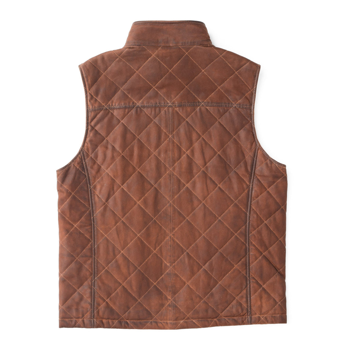 Madison Creek Outfitters Beaver Creek Waxed Goat Suede Leather Vest Bourbon quilted back panel and straight hem in rodeo ready outerwear Utah
