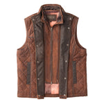 Madison Creek Outfitters Beaver Creek Waxed Goat Suede Leather Vest Bourbon rust and plum plaid lining with a branded leather neck patch