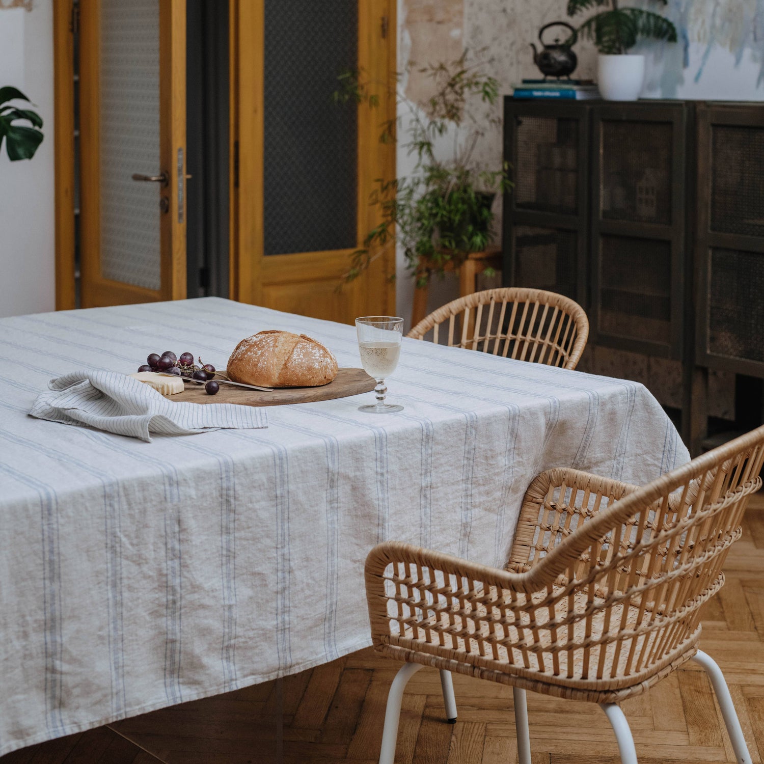 Grey Blue Wide Stripe Rustic Linen Tablecloth