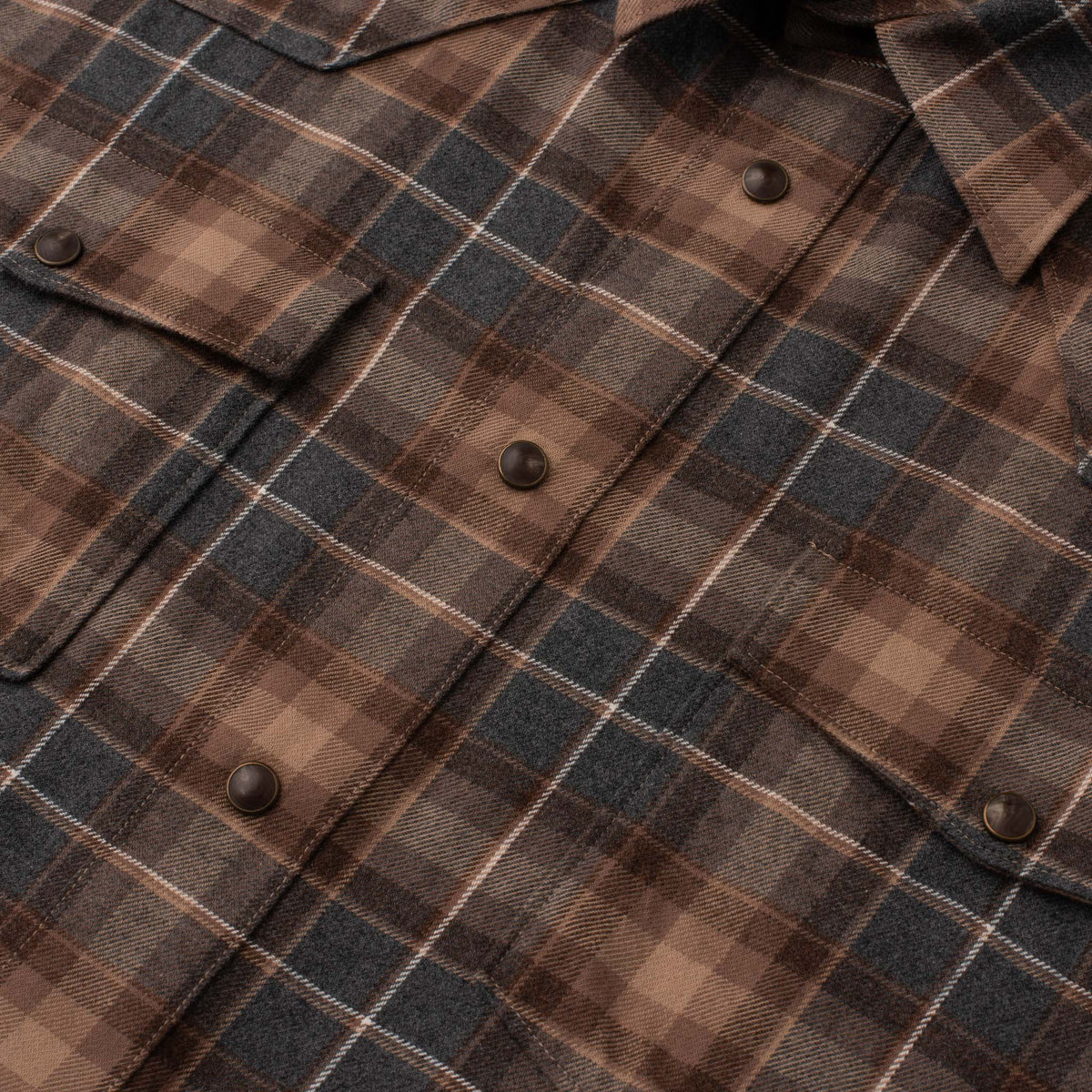 Madison Creek Outfitters Bisley Western Shirt Grey Brown Plaid dark pearl snaps with subtle contrast along saddle stitched seams cowboy style