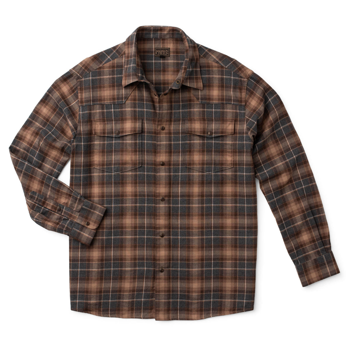 Madison Creek Outfitters Bisley Western Shirt Grey Brown Plaid charcoal brown and warm neutral plaid with front yoke and flap chest pockets ranch wear