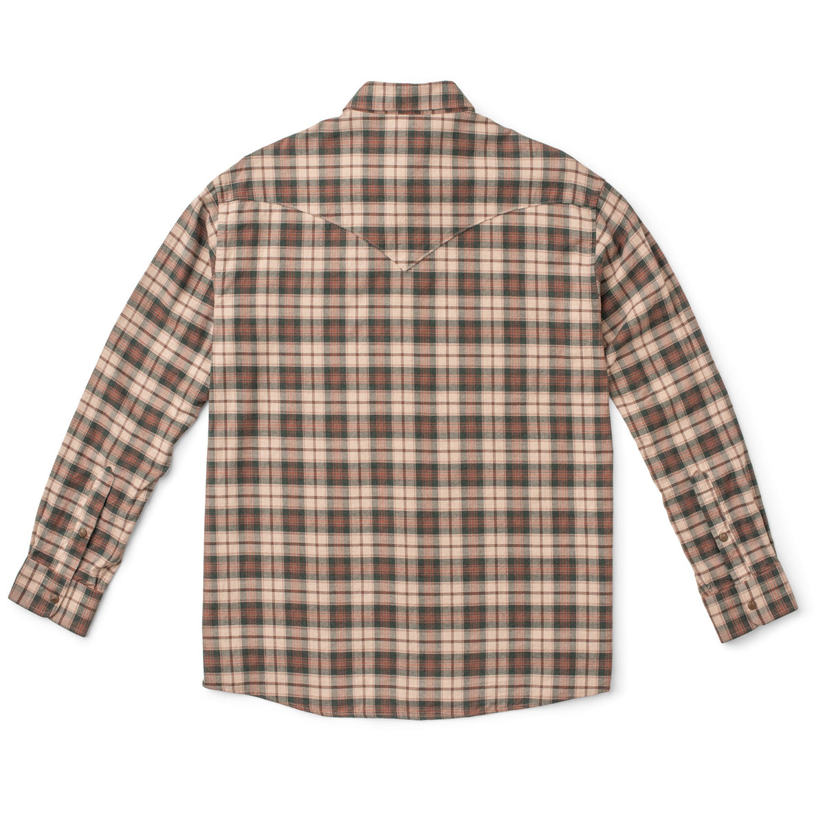 Madison Creek Outfitters Bisley Western Shirt Ivory Green Plaid back western yoke with muted green and rust accents for rodeo and everyday western fashion