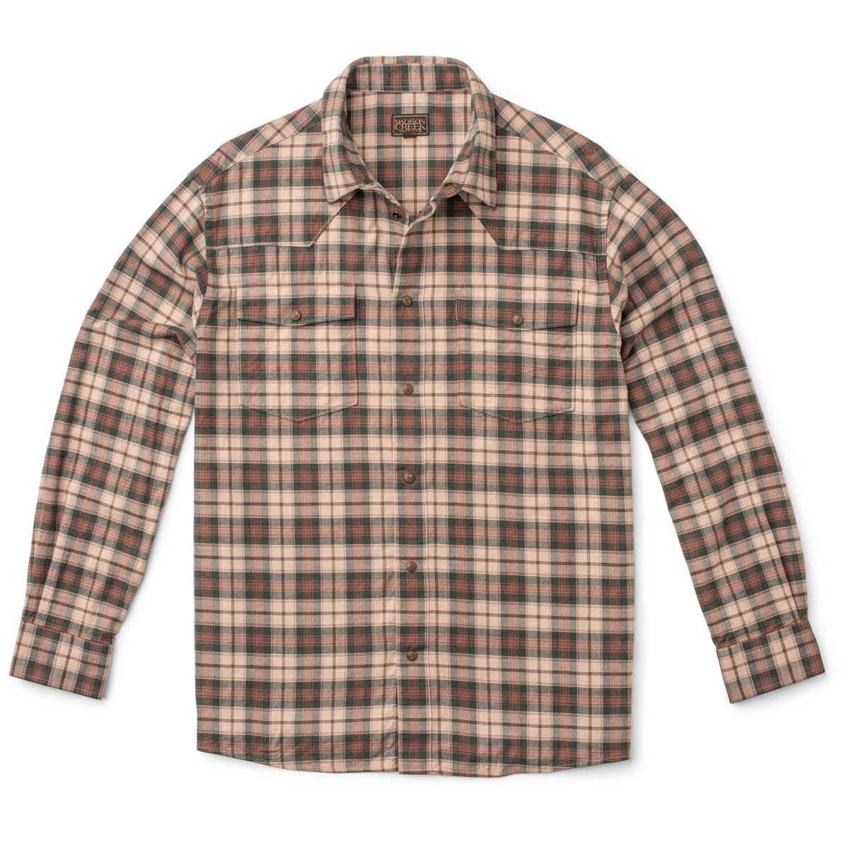 Madison Creek Outfitters Bisley Western Shirt Ivory Green Plaid long sleeve western cut with front yoke and two flap chest pockets ranch wear